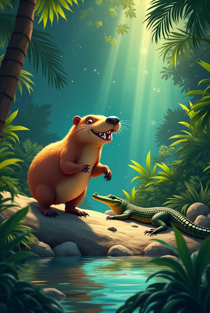 I need a realistic image of these three animals where the capybara smiled, the alligator joined, And the anaconda also approached stealthily.
in the middle of the jungle, they finally met,
They danced and laughed, under the indigo sky.