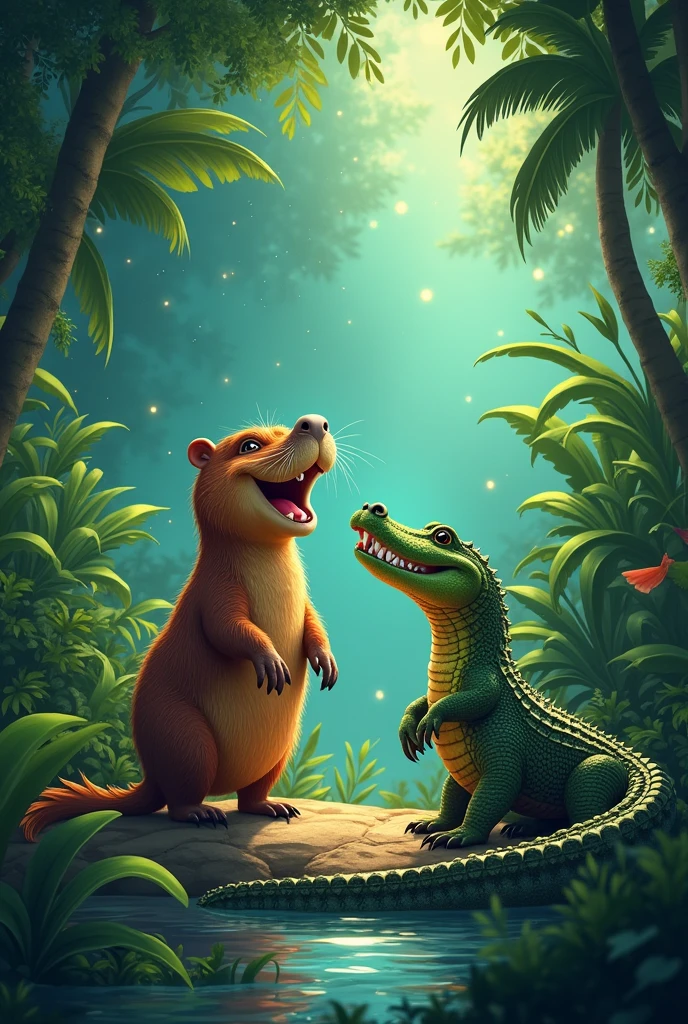 I need a realistic image of these three animals where the capybara smiled, the alligator joined, And the anaconda also approached stealthily.
in the middle of the jungle, they finally met,
They danced and laughed, under the indigo sky.
