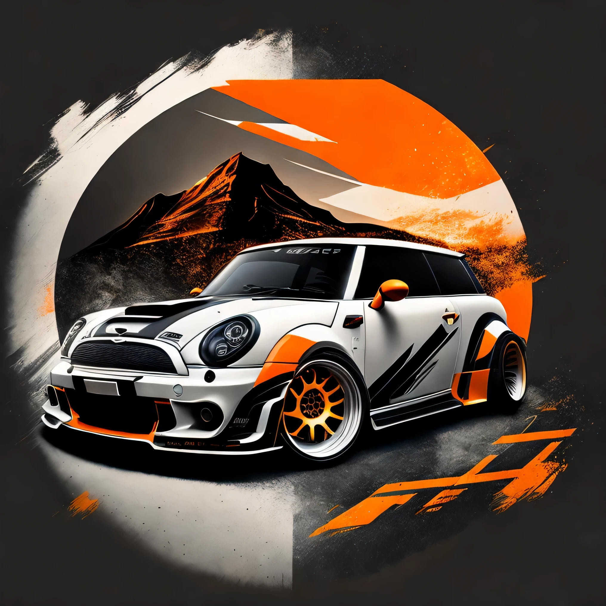 Zephyr Designz circlular splash style Artwork for t-shirt graphic design a race inspired graphic design front profile shot R56 JCW Mini Cooper S orange and black colour scheme, Zephyr Designz carbon fibre body kit design, Liberty walk ultra wide body kit, aggressive stance background: racetrack, outside old industrial style building, large windows in background, bright sky, heavy industrial look, 8K quality, realistic, realism, sharp, detailed, ultrawide, ,epic ultra wide body kit, super low stance, aggressive looks , vector image, t shirt design circular faded edge