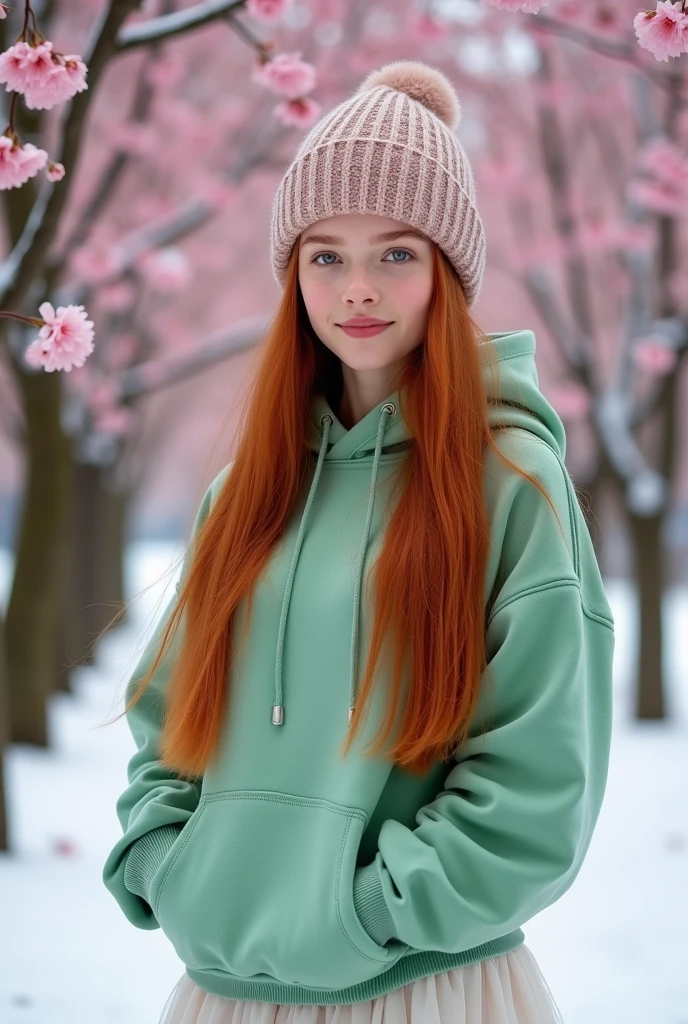 Portrait of a 17 year old Russian girl with long, straight red hair, Cerly wears a green hoodie and a long white skirt, wearing a knitted ciput and a scarf around the neck,is in the snow and surrounded by beautiful cherry blossom trees, facing the camera