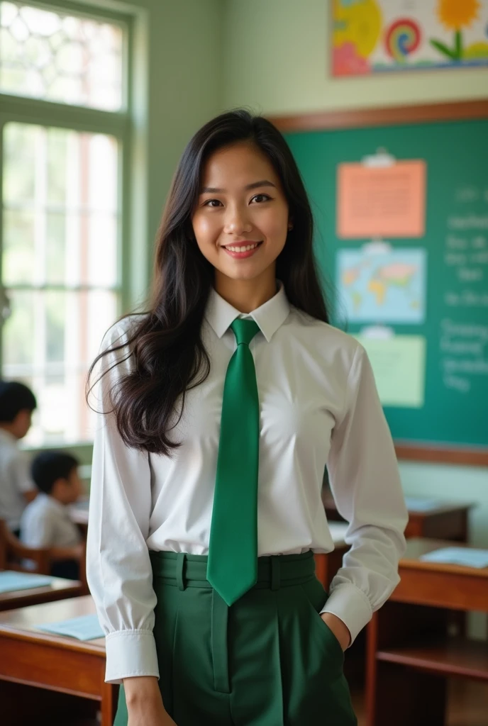 A Burmese school teacher, long dark hair, beautiful round face, smooth white neck, fair shoulders, full breasts, thin stomach, thin waist, straight. Slim waist, big butt, straight thigh, side position, study pose, hair spread to the back, white shirt, green tie, Full body