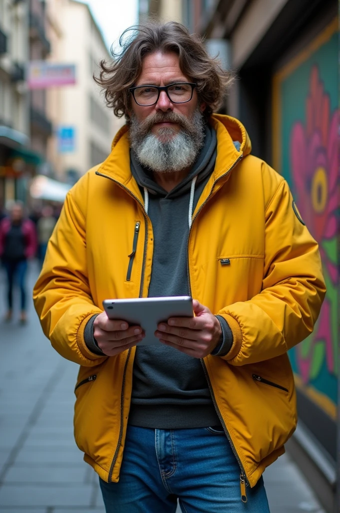 3d beard man with yellow jacket with blue jeans holding tablet