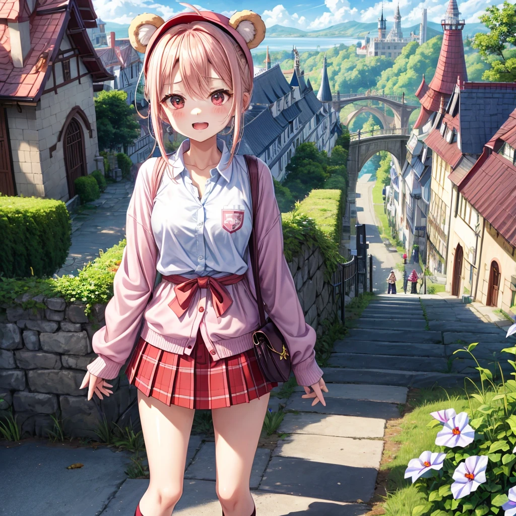 Pink Blonde、Red eyes、Hair tied up、Two cute、Checked mini skirt、black t-shirts、cardigan、Knee-high socks、bear ears baseball cap、Teeth are visible、Monster Castle、Tilting face、crossing the bridge、hazakura、windmill、grass、Stones are growing out of the ground.、impregnable、A teddy bear is walking、Morning glory is blooming.、In front of the city gates、gear