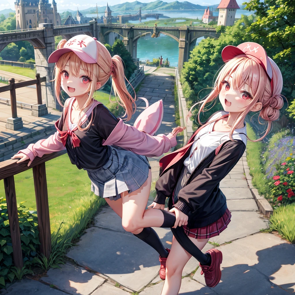 Pink Blonde、Red eyes、Hair tied up、Two cute、Checked mini skirt、black t-shirts、cardigan、Knee-high socks、bear ears baseball cap、Teeth are visible、Monster Castle、Tilting face、crossing the bridge、hazakura、windmill、grass、Stones are growing out of the ground.、impregnable、A teddy bear is walking、Morning glory is blooming.、In front of the city gates、gear