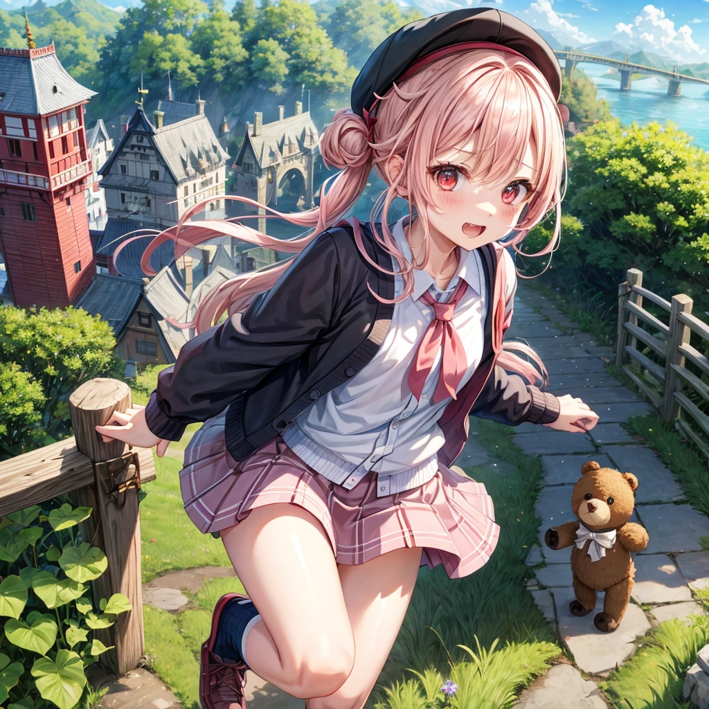 Pink Blonde、Red eyes、Hair tied up、Two cute、Checked mini skirt、black t-shirts、cardigan、Knee-high socks、bear ears baseball cap、Teeth are visible、Monster Castle、Tilting face、crossing the bridge、hazakura、windmill、grass、Stones are growing out of the ground.、impregnable、A teddy bear is walking、Morning glory is blooming.、In front of the city gates、gear