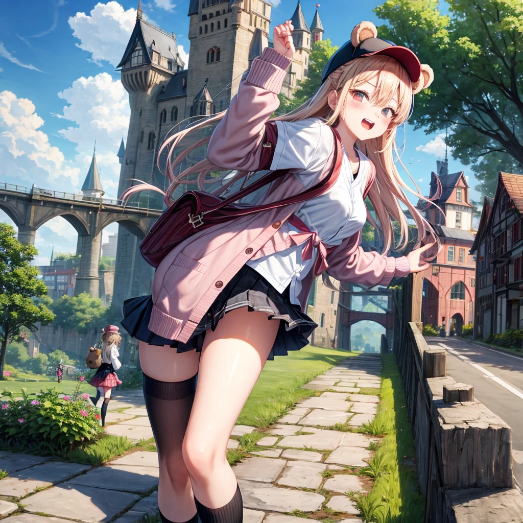 Pink Blonde、Red eyes、Hair tied up、Two cute、Checked mini skirt、black t-shirts、cardigan、Knee-high socks、bear ears baseball cap、Teeth are visible、Monster Castle、Tilting face、crossing the bridge、hazakura、windmill、grass、Stones are growing out of the ground.、impregnable、A teddy bear is walking、Morning glory is blooming.、In front of the city gates、gear