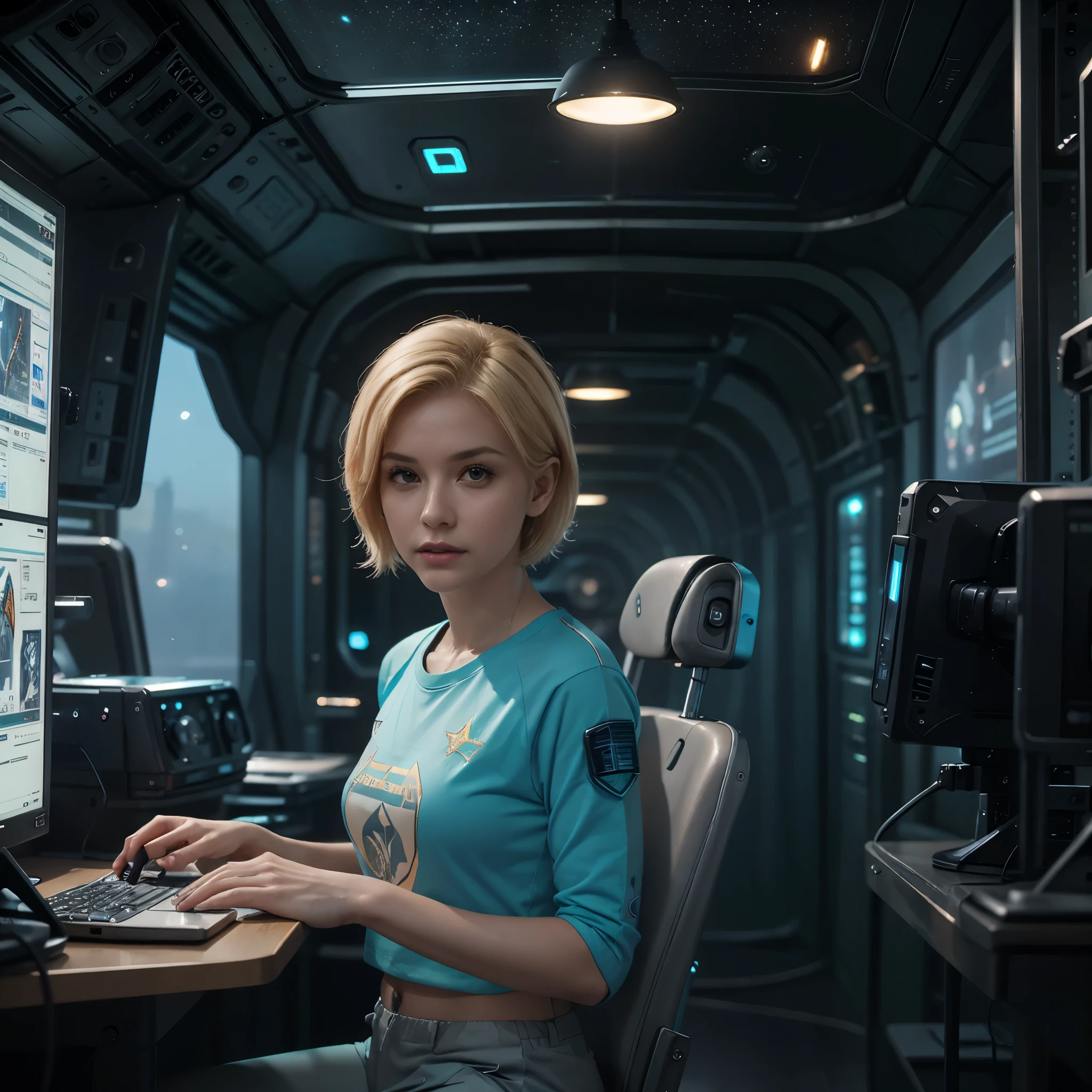 35 year old aged skin, ((gorgeous realistic short hair blonde female 35 years age in a realistic futuristic space station)), in a large room, Night time, ((playing Computer Games)), ((sitting on a stool with display and glowing control surfaces)), she is wearing a teal and grey track suit, (photorealistic), (in light grey and teal T Shirt and slacks), (Style-Glass), (()), hdr, antialiased, 8k, ((syd mead)), sharp details, ((masterpiece)), (painterly), (good anatomy), (good proportions), (good composition), (dramapaint), (style-sylvamagic) you can see stars and nebula from the window