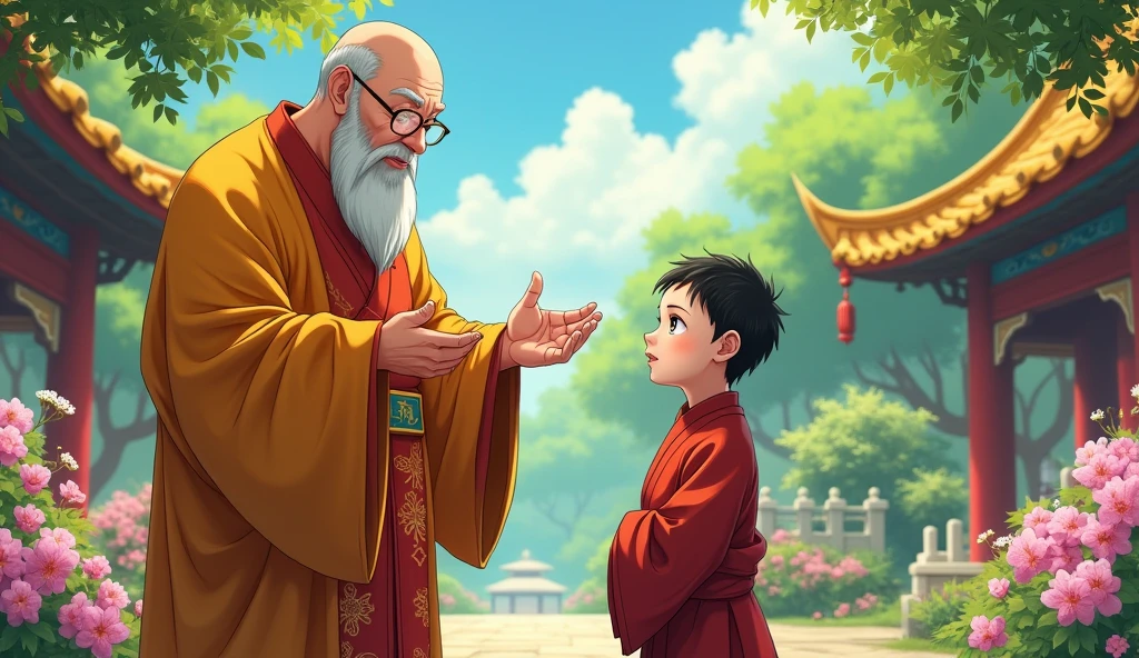 Old fat chinese monk talking and standing with young monk student, beautiful garden, in anime style, trees, surrounded by temples,