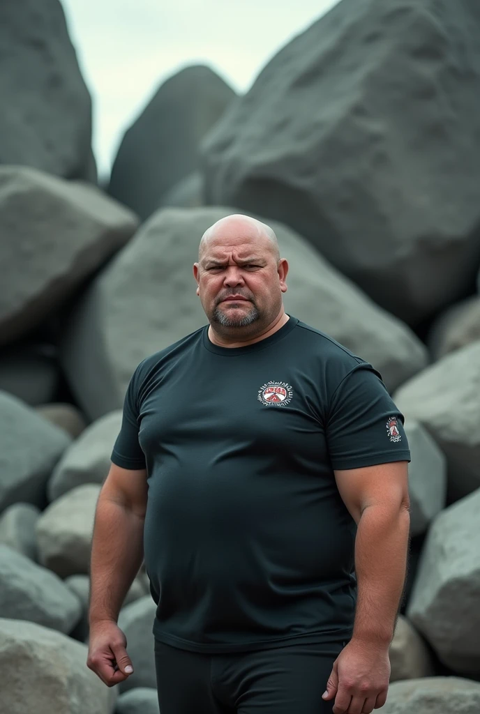 A bald, slightly fat man without a beard, dressed in a boxing T-shirt, Very angry, behind him lie many large grey stones