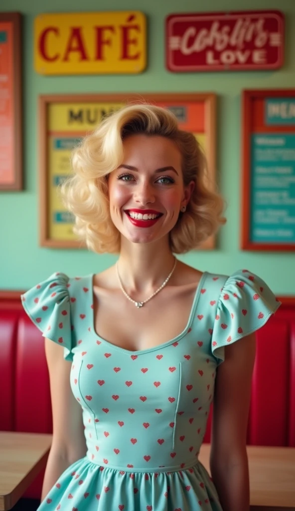 This image shows a woman with a retro 1950s style. The woman has blonde, curly hair and a bright smile. She is wearing a light blue and red polka dot dress and red lip makeup. In the background is a wall with a retro-style café menu. The overall atmosphere is bright and joyful.