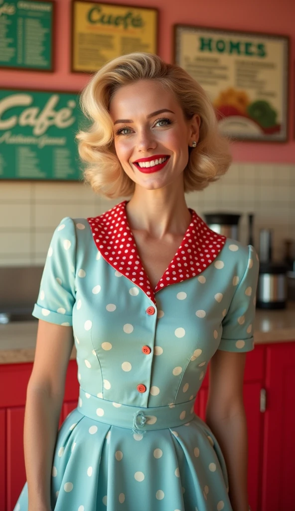 This image shows a woman with a retro 1950s style. The woman has blonde, curly hair and a bright smile. She is wearing a light blue and red polka dot dress and red lip makeup. In the background is a wall with a retro-style café menu. The overall atmosphere is bright and joyful.