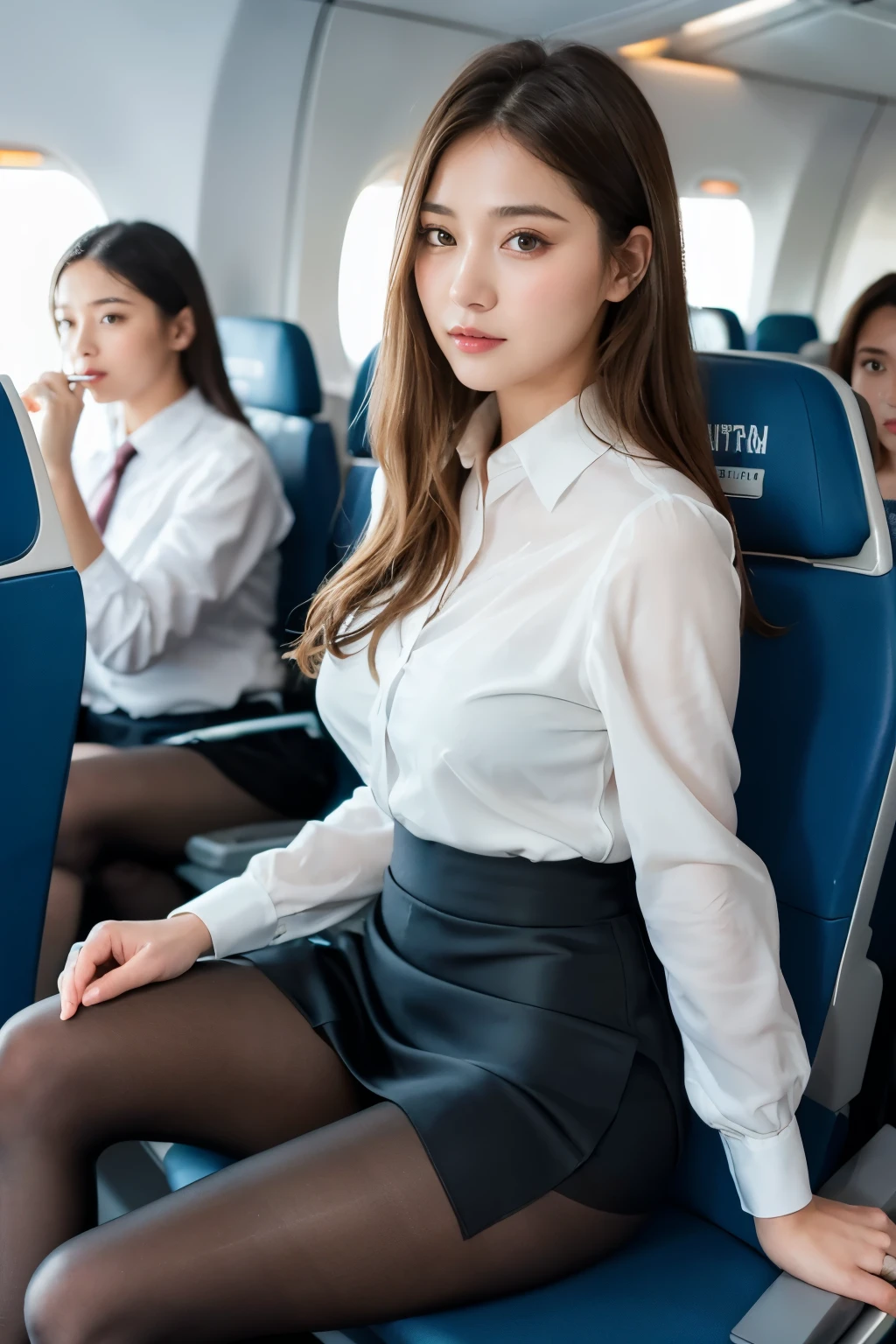 (suit, Tight Skirt, Ultra-realistic pantyhose:1.3), Sexy Woman、flare skirt、Ukrainian、Ukrainian Goddess、Incredible beauty、Wearing surreal pantyhose、sit cross-legged on an airplane..........、Laughter、High heels、game_Tekkâ、 (English) (English) (English) (English) (English) (English) (English) (English) (English) (English) (English), masterpiece, 最high quality, The reality of light, RAW Photos、8k, High resolution, Detailed skin, 8k, Ultra HD, Digital single-lens reflex camera, Soft lighting, high quality, Film Grain, Fujifilm XT3, Realistic skin texture、Glowing Skin、Exposing your thighs!!!