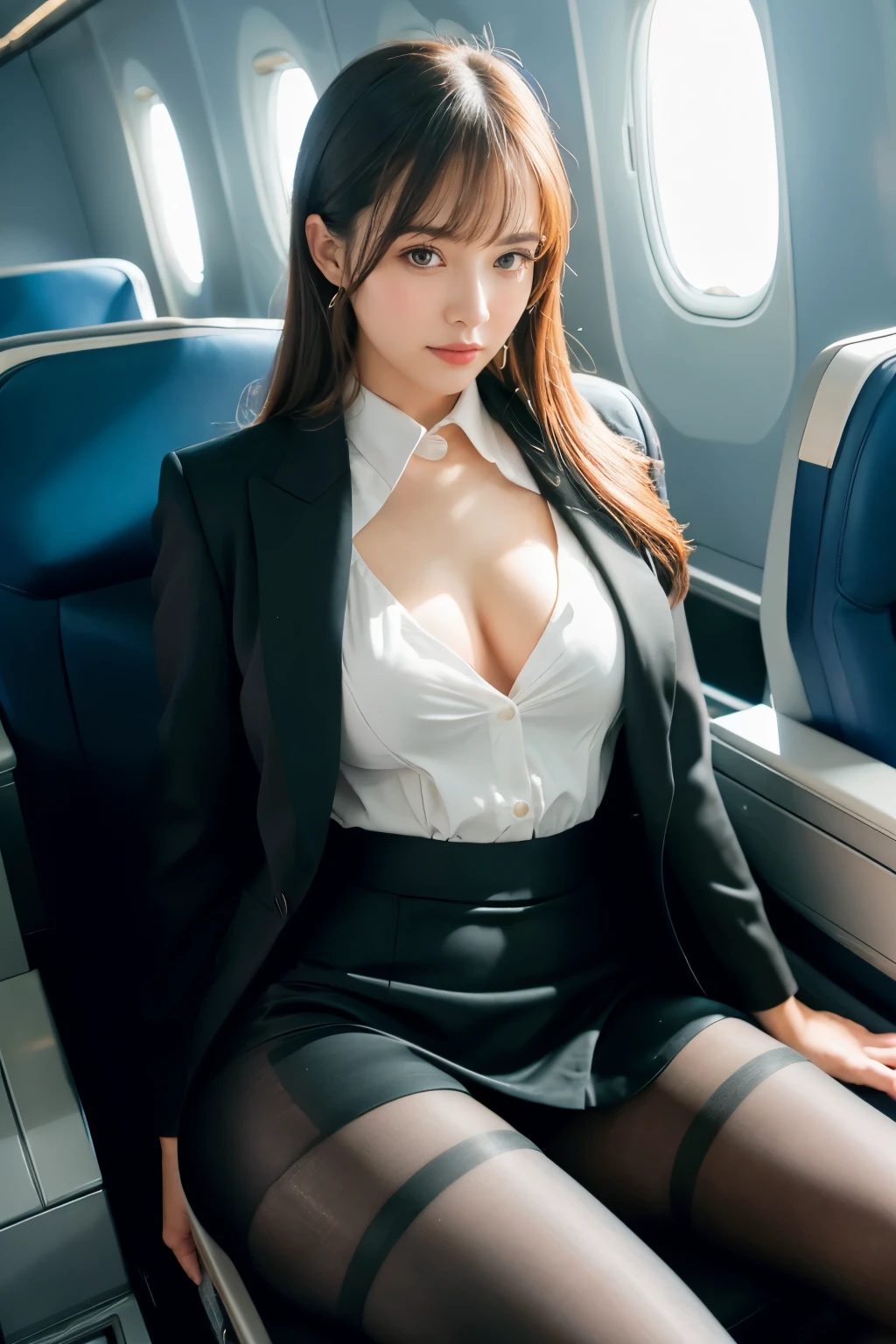 (suit, Tight Skirt, Ultra-realistic pantyhose:1.3), Sexy Woman、flare skirt、Ukrainian、Ukrainian Goddess、Incredible beauty、Wearing surreal pantyhose、sit cross-legged on an airplane..........、Laughter、High heels、game_Tekkâ、 (English) (English) (English) (English) (English) (English) (English) (English) (English) (English) (English), masterpiece, 最high quality, The reality of light, RAW Photos、8k, High resolution, Detailed skin, 8k, Ultra HD, Digital single-lens reflex camera, Soft lighting, high quality, Film Grain, Fujifilm XT3, Realistic skin texture、Glowing Skin、Exposing your thighs!!!