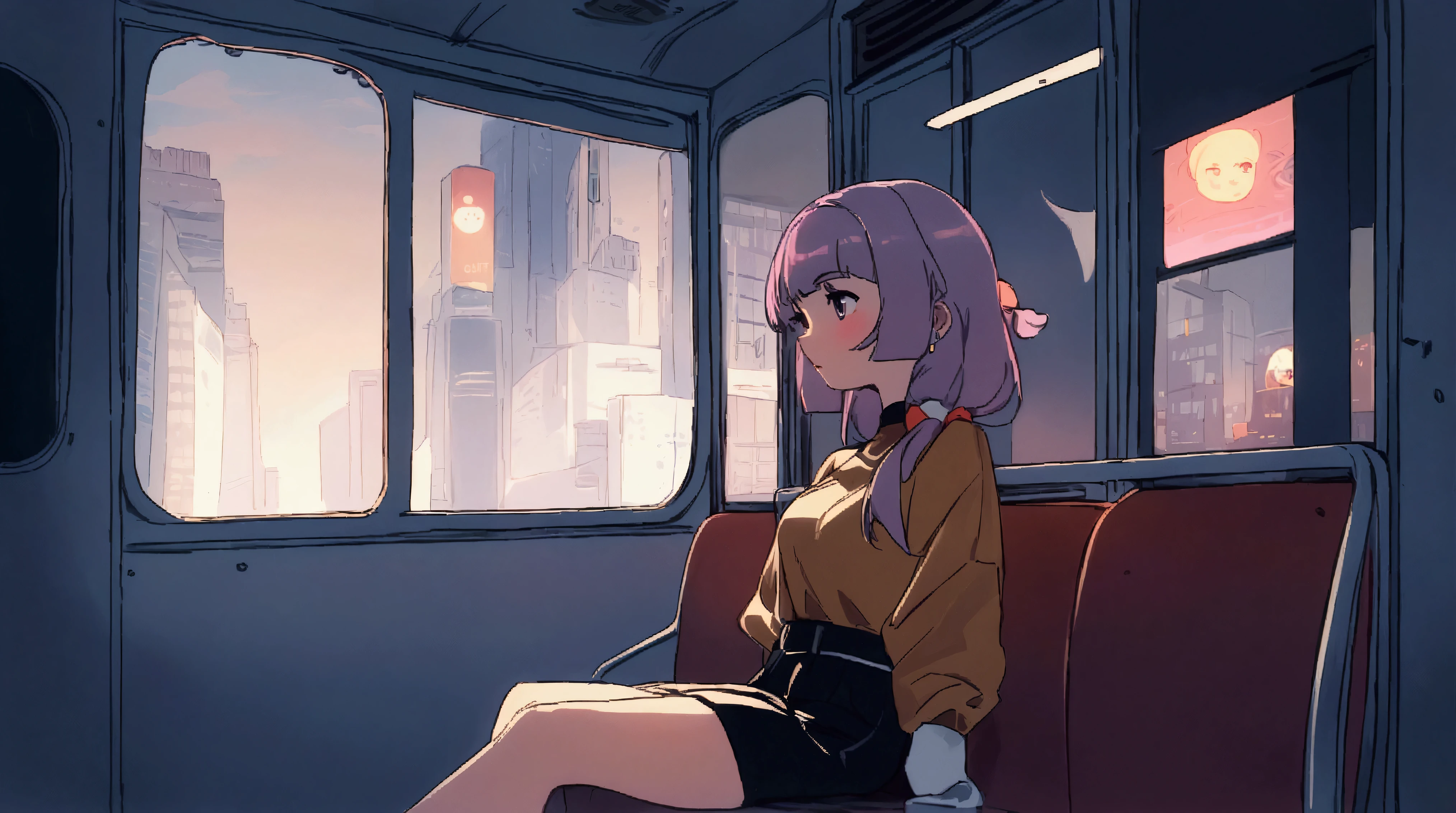 anime girl sitting on a bus looking out the window at the city, an anime drawing by Yuumei, trending on cg society, digital art, lofi hip hop, lofi girl, lofi artstyle, lofi art, lofi feel, chillhop, lofi vibes, lofi aesthetic, lofi, lofi girl aesthetic, anime aesthetic
