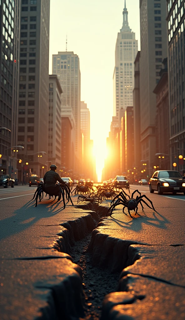 Image In the city in the morning in the middle of the road tall buildings . Close-up view of the shaking scene There is a deep crack under the road .underground space cracks hundreds of giant spiders crawled out of the cracks including spiders as big as cars there were military forces