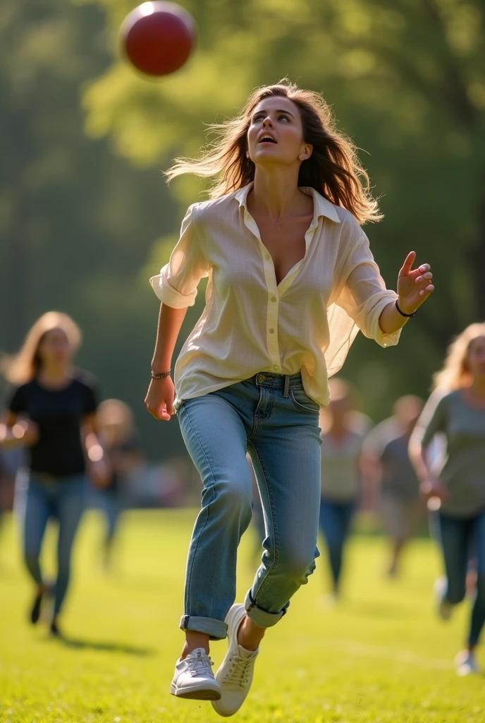 cinematic photo realistic, JuliaTaylorQuiron woman, . 35mm photograph, film, bokeh, professional, 4k, highly detailed, realistic, a woman Ultimate Frisbee wearing Tunic blouse and Boyfriend jeans: Relaxed, loose-fitting jeans with a slouchy, casual look.,