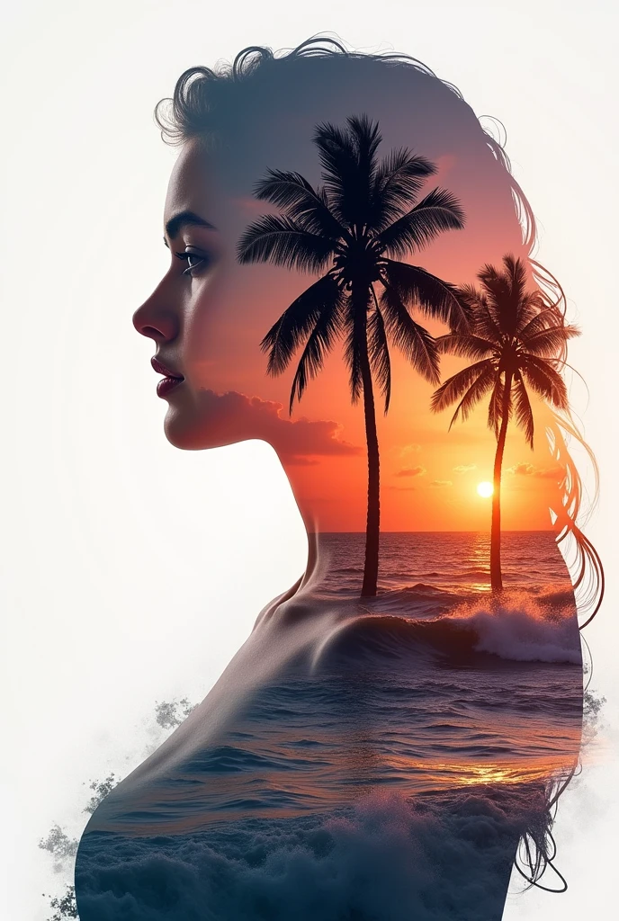 high quality, 8K Ultra HD, A beautiful double exposure that combines an goddess silhouette with sunset coast, sunset coast should serve as the underlying backdrop, with its details incorporated into the goddess , crisp lines, The background is monochrome, sharp focus, double exposure, by yukisakura, awesome full color,