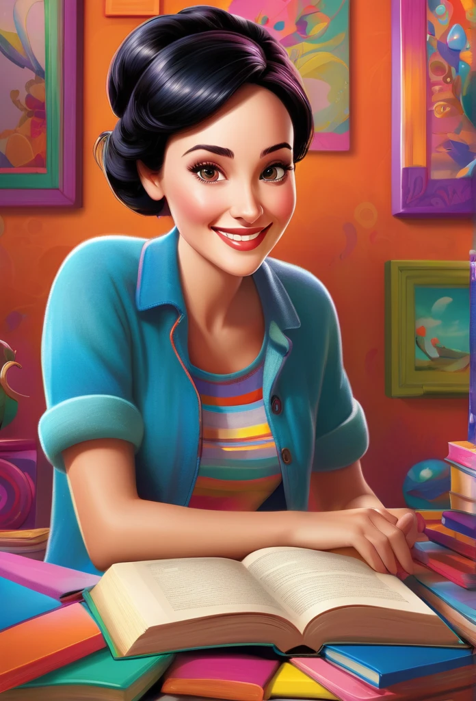 (bright and vibrant colors), (highres), (realistic:1.37), Disney Pixar Movie poster, (art by Kevin James), skinny, no muscle, (41 years old woman),round brown eyes, (beautiful detailed eyes:1.1),very short black hair, (beautiful detailed lips:1.1), smiling with a warm expression, (charming appearance:1.1), (professional lighting), (ultra-fine rendering), upper body shot, (expressive facial features:1.1), reading a book , (reading intently:1.1), surrounded by graphics elements, (dynamic composition), (whimsical details), (playful characters), vibrant background, filled with color and joy, (3D render), (fantastical art style), (nostalgic aesthetic), (attention to detail:1.1).