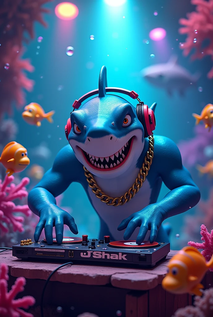 Cartoon image of a fierce shark DJ