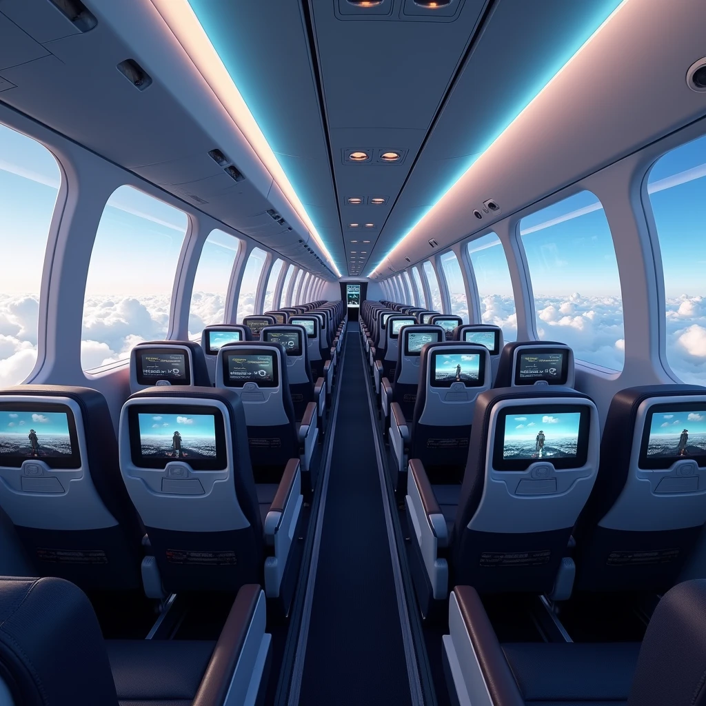 In the cockpit of the aircraft,You can see a lot of airplane seats,The seats have screens on the headrests,No passengers,Can see out the window and back of the seat,Camera rotates 60 degrees VR effect