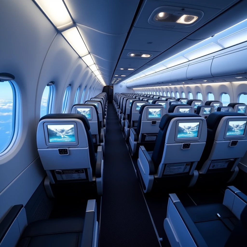 In the cockpit of the aircraft，You can see a lot of airplane seats，The seats have screens on the headrests，No passengers，Can see out the window and back of the seat，Camera rotates 60 degrees VR effect
