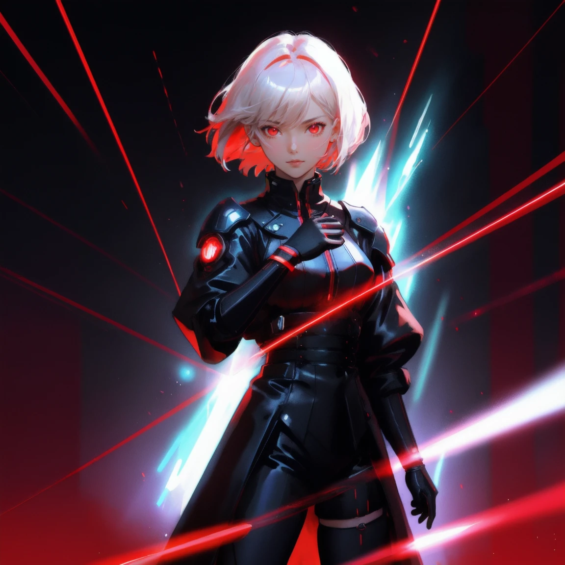 Anime cute girl, red eyes with laser eye power effect , short hair and long bangs in the style of Sh-tracking lines , shiny/glossy , light black and dark crimson , art nouveau-inspired illustrations , action paintings , time-lapse photography , shining background , dark white and deep red , he is wearing cyberpunk gear and has glowing lasers shooting from his hands. Red beams can be seen coming out of both their palms . The overall atmosphere should feel like an anime fantasy. 
