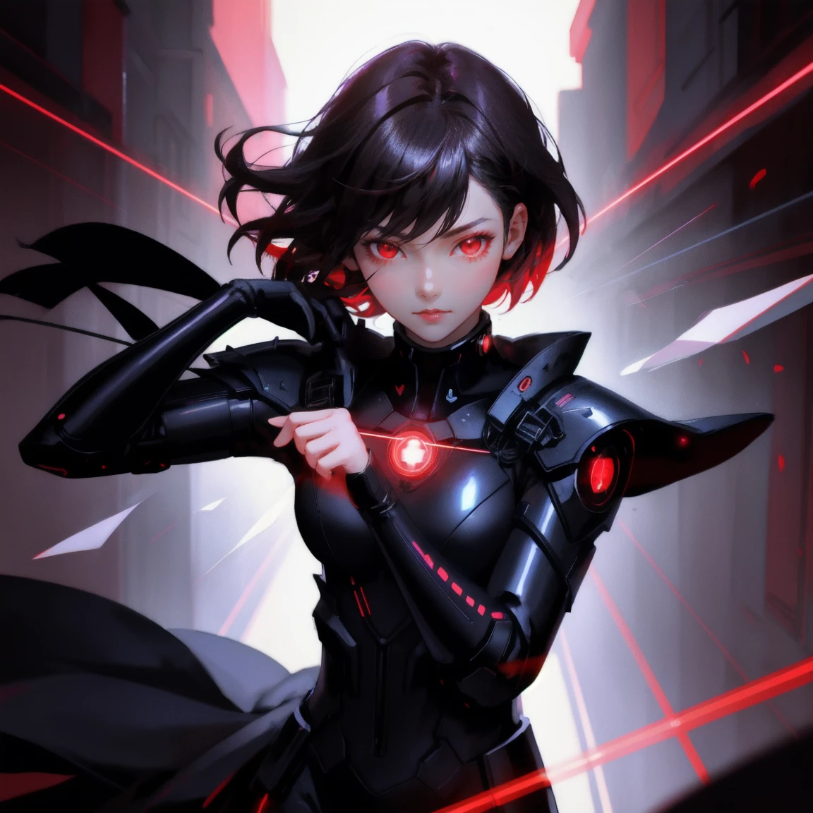 Anime cute girl, red eyes with laser eye power effect , short hair and long bangs in the style of Sh-tracking lines , shiny/glossy , light black and dark crimson , art nouveau-inspired illustrations , action paintings , time-lapse photography , shining background , dark white and deep red , he is wearing cyberpunk gear and has glowing lasers shooting from his hands. Red beams can be seen coming out of both their palms . The overall atmosphere should feel like an anime fantasy.