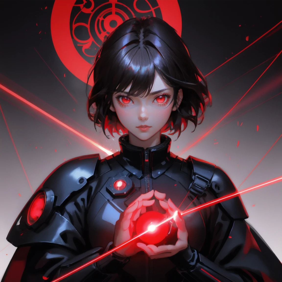 Anime cute girl, red eyes with laser eye power effect , short hair and long bangs in the style of Sh-tracking lines , shiny/glossy , light black and dark crimson , art nouveau-inspired illustrations , action paintings , time-lapse photography , shining background , dark white and deep red , he is wearing cyberpunk gear and has glowing lasers shooting from his hands. Red beams can be seen coming out of both their palms . The overall atmosphere should feel like an anime fantasy. 