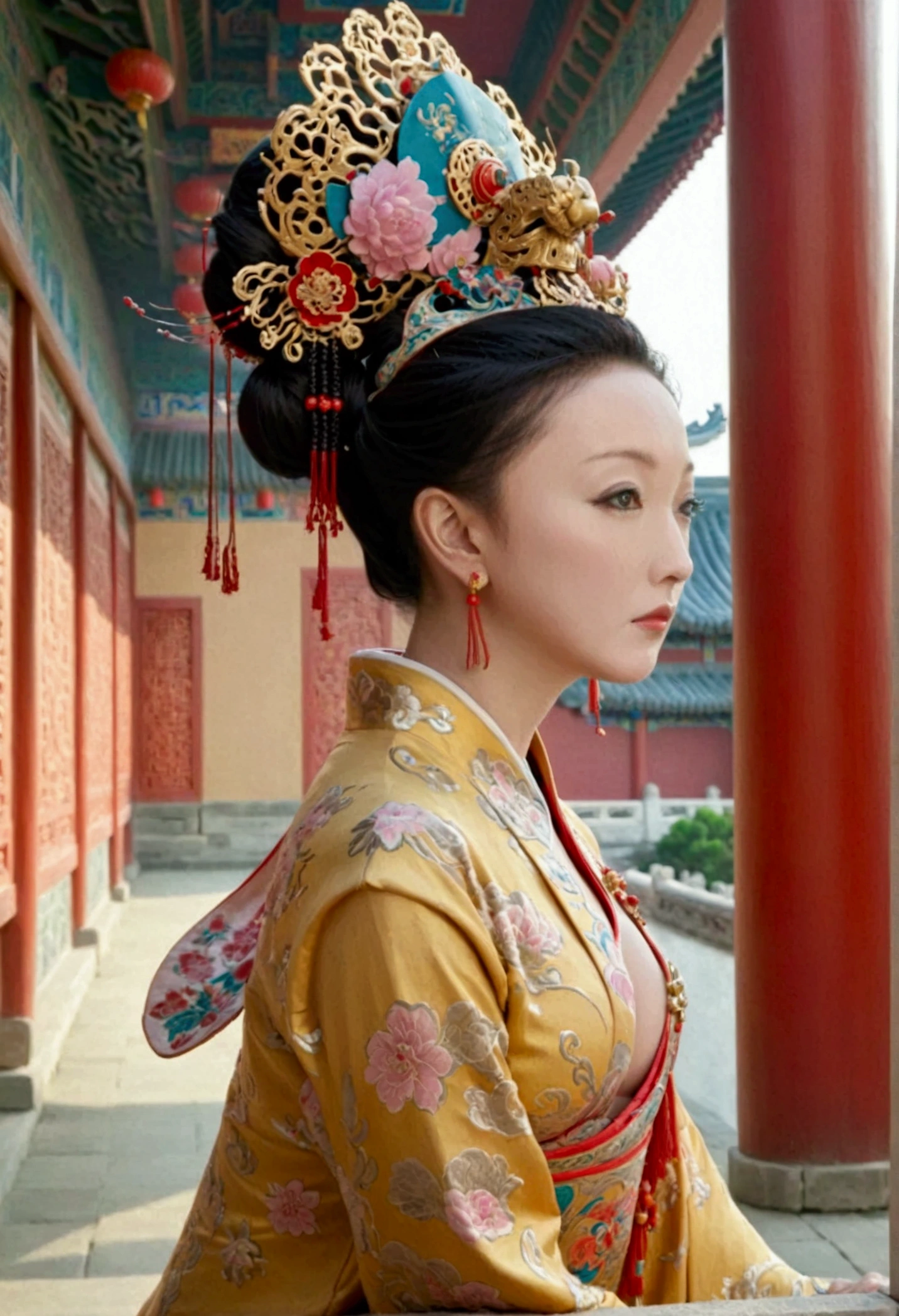 The Empress of the Qing Dynasty was naked and had slightly large breasts., Pose on all fours, You can see her sticking out her butt from the side., The background is outside of a Qing Dynasty palace