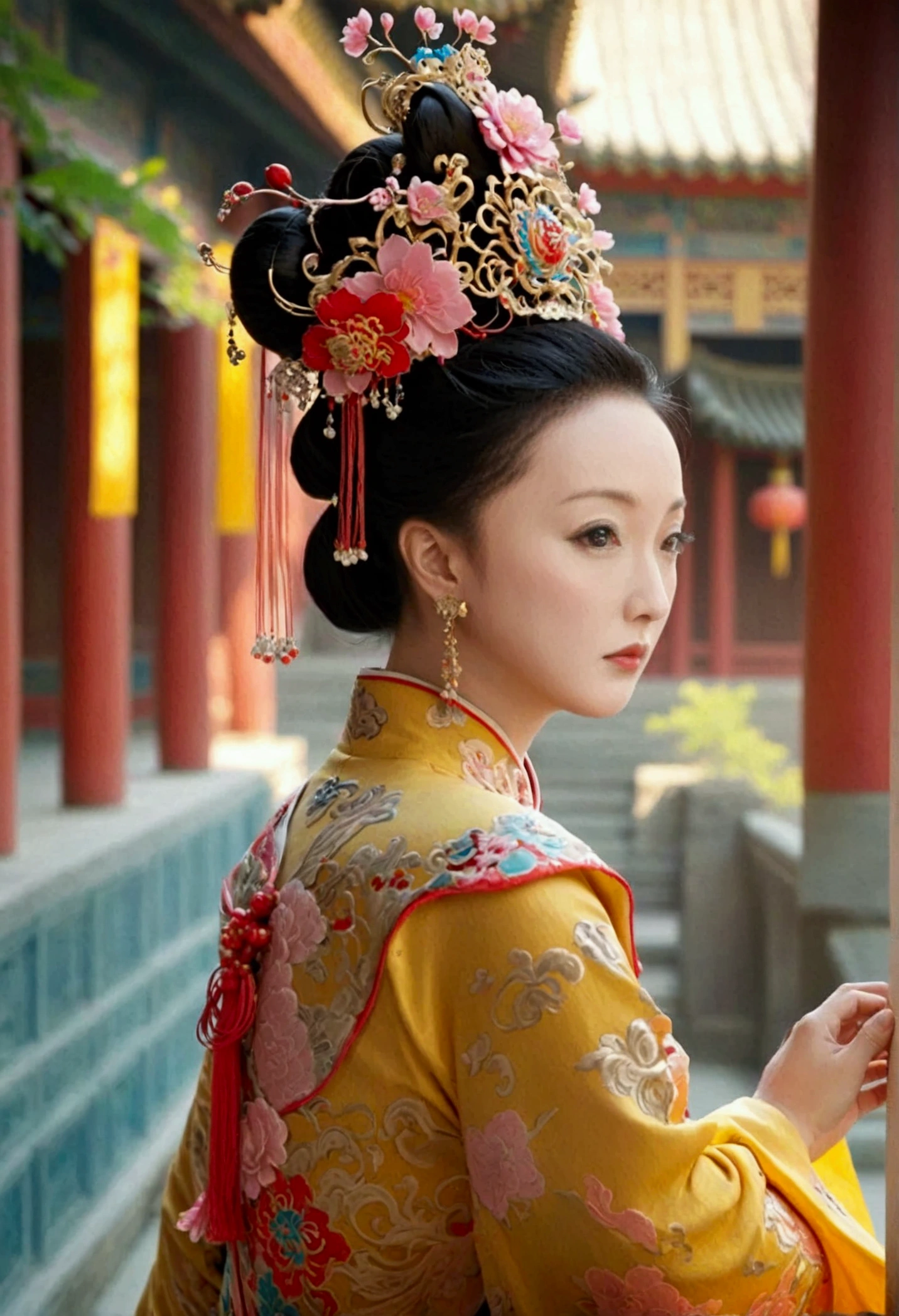 The Empress of the Qing Dynasty was naked and had slightly large breasts., Pose on all fours, You can see her sticking out her butt from the side., The background is outside of a Qing Dynasty palace