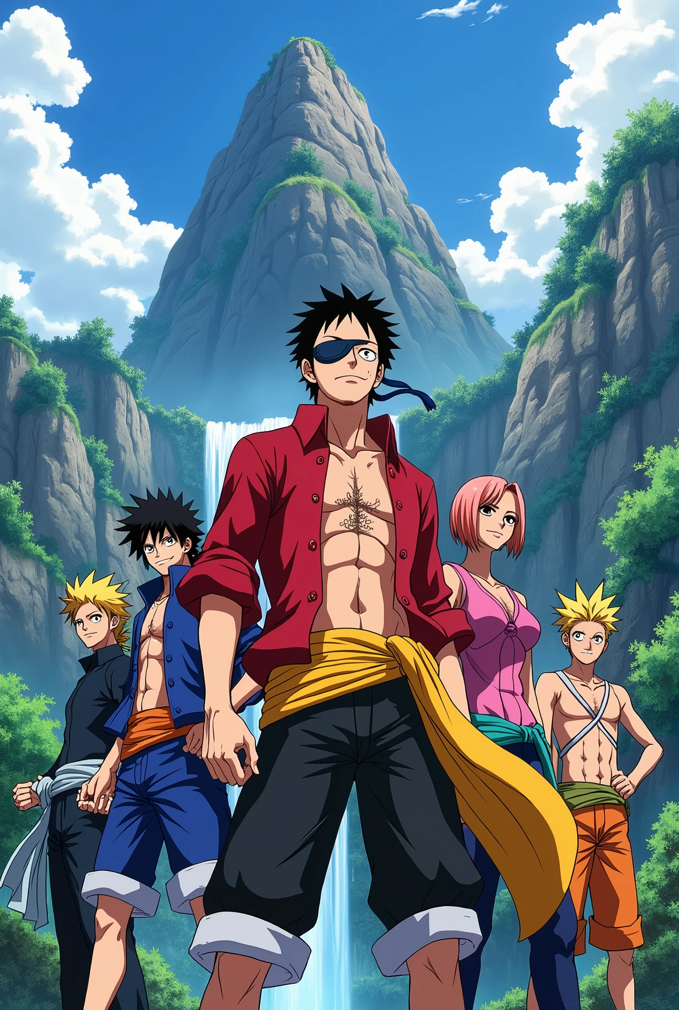 crossover anime characters Satoru Gojo, Yuji Itadori, Megumi Fushiguro
, Monkey D. Luffy, Nami, Roronoa Zoro, Nico Robin, Sasuke Uchiha, Naruto Uzumaki, Sakura Haruno, Kakashi Hatake, Shirou Emiya, Saber, Archer, 
Claudia Hodgins, 
Violet Evergarden, Cattleya Baudelaire. Landscape epic background. Portrait 9:16