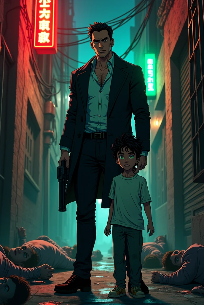 A mafia man in his 30s, Italian with green eyes and handsome black hair, He looked young and muscular alpha dominant psychopath obsessed with his son holding a gun with bodies around him of his victims. While his  son was behind him hiding grabbing his father hand his eyes were green and hair was black curly hair he was an omega. Anime style