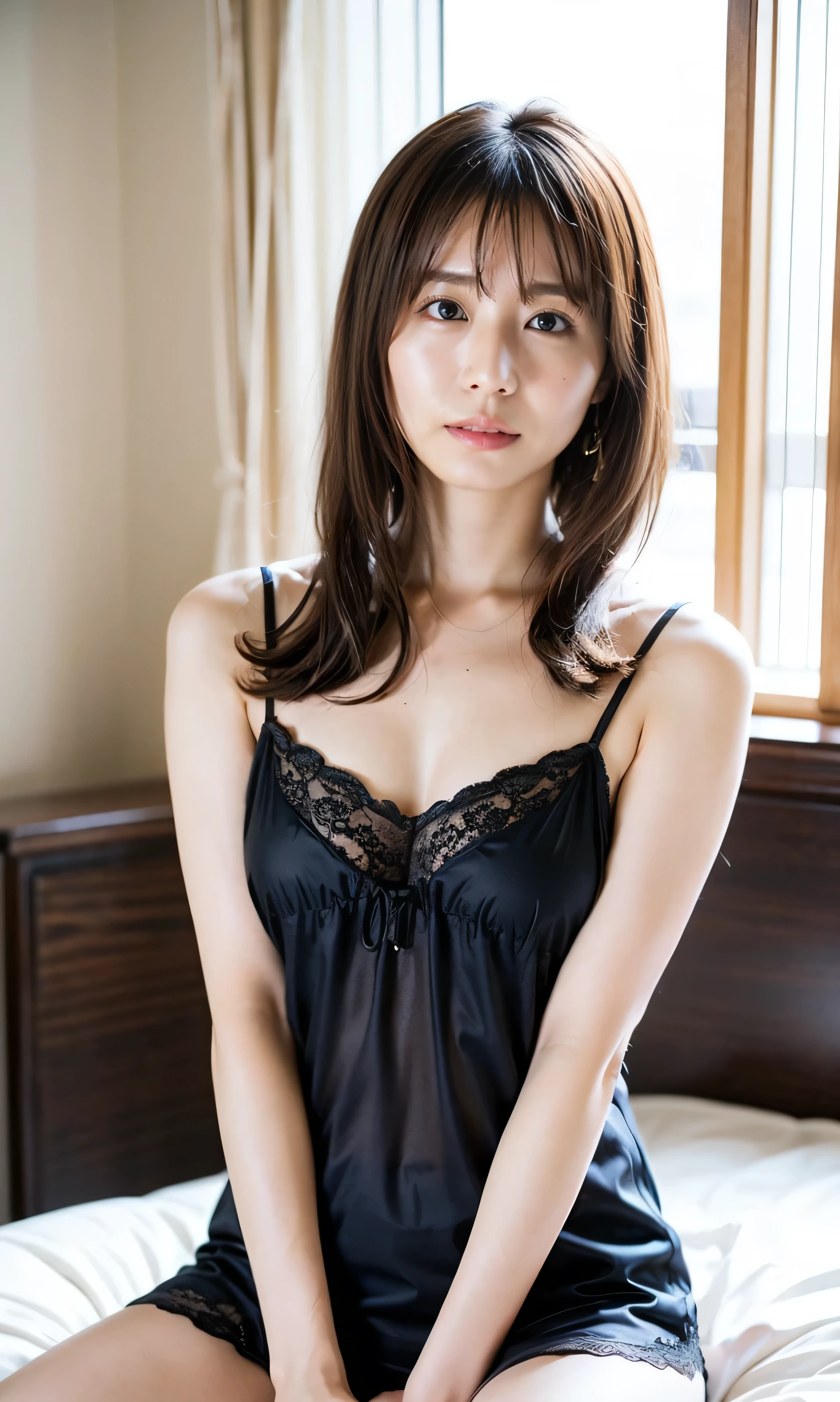 (((Dimly lit room、Suite Room、Luxurious lace camisole、A cute, sheer and luxurious camisole、Luxurious bedroom:1.8)))、(Tucking hair behind one ear、Luxury love hotels、With furrowed brows、Normal position、Lie on your back using a pillow and spread your legs wide、Sex in a dark room、Full nudity、Ecstatic face、sexual climax.Bedroom、On the bed、Sweaty body、Wet Hair、Spread your legs and masturbate:1.4)、Get excited、The sky turns red、、Light brown hair、Elegant hairstyle、Blue Eyed Woman、A woman with a cute upward gaze、When the sky gets dark、The sky turns red as the sun sets、Luxury Bagedium Shorthair:1.4))、The sun shines on her、Light brown hair、Light brown hair、The sky was dyed red、There are clouds、private's cute、Her ample breasts are obvious even through her clothes..、The shining sun is so beautiful、Dusk is approaching、Lens flare、I can see the sunset、((Sunlight reflecting off the ocean、Ocean View、The sun shines on the sea、'beautiful.、Small earrings、private'evening、Birds are also flying、、Brown Hair Color、Tying up hair、The woman is on the right:1.4))、Luxury leather belts、Shiny clothes、Light beige hair color、Background Blur、Braid only the front hair、Light brown hair、{{Cowgirl Shot}}、((Close-up shot from the waist up、Ample breasts:1.4))、Braid only the front hair、Cowboy Shot、((Ample breasts))、Full body photo、ring、Tuck your hair behind one ear、Silver Necklace、smile、 Elegant ponytail、Caustics、Highly detailed photos、Very beautiful and ideal short hair、Super no makeup、(8k、RAW Photos、Highest quality、masterpiece:1.2)、(Realistic、Realistic)、1 person、((Medium Short Hair、Looking into the camera:1.4))、Hair blowing in the wind