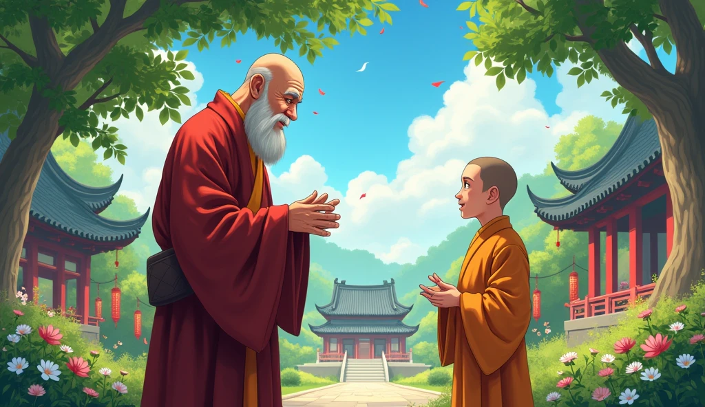 Old fat chinese monk talking and standing with young monk student, beautiful garden, in anime style, trees, surrounded by temples,