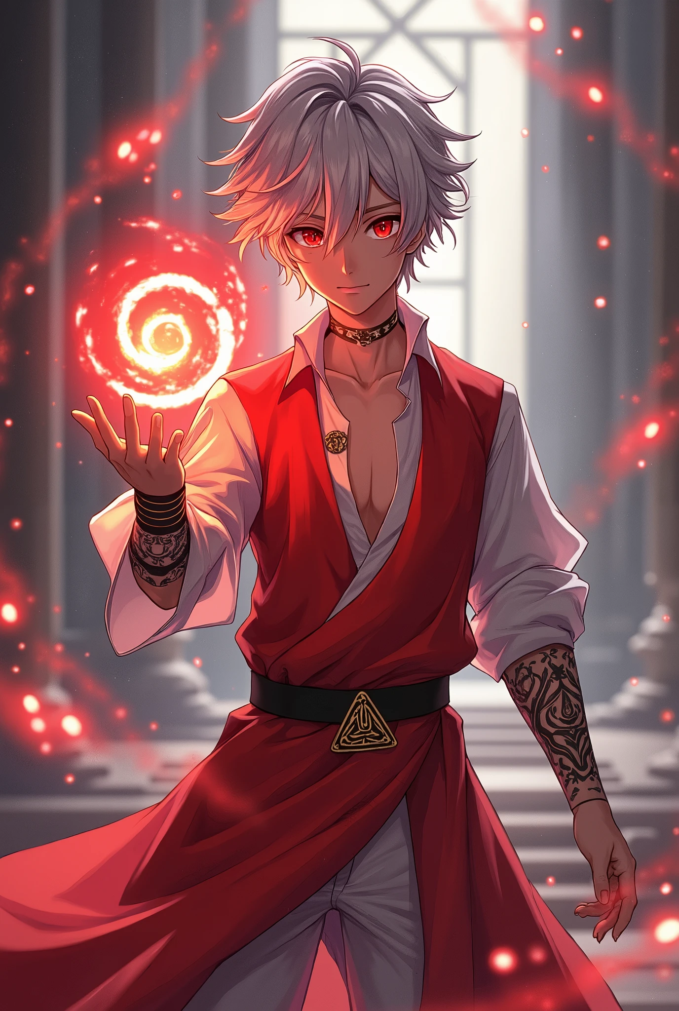 A anime boy with red and white dress And his eye is red . Red Magical power in his hand And his hair is white and black Beautiful tattoo in her hand and a magical triangle ring in her wrist .