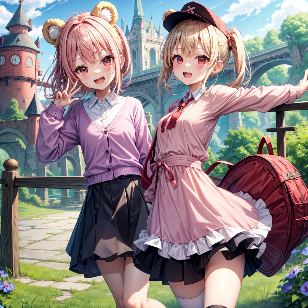 Pink Blonde、Red eyes、Hair tied up、Two cute、Checked mini skirt、black t-shirts、cardigan、Knee-high socks、bear ears baseball cap、Teeth are visible、Monster Castle、Tilting face、crossing the bridge、hazakura、windmill、grass、Stones are growing out of the ground.、impregnable、A teddy bear is walking、Morning glory is blooming.、In front of the city gates、gear