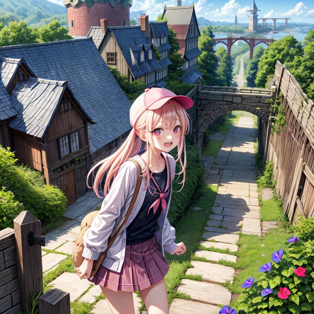 Pink Blonde、Red eyes、Hair tied up、Two cute、Checked mini skirt、black t-shirts、cardigan、Knee-high socks、bear ears baseball cap、Teeth are visible、Monster Castle、Tilting face、crossing the bridge、hazakura、windmill、grass、Stones are growing out of the ground.、impregnable、A teddy bear is walking、Morning glory is blooming.、In front of the city gates、gear