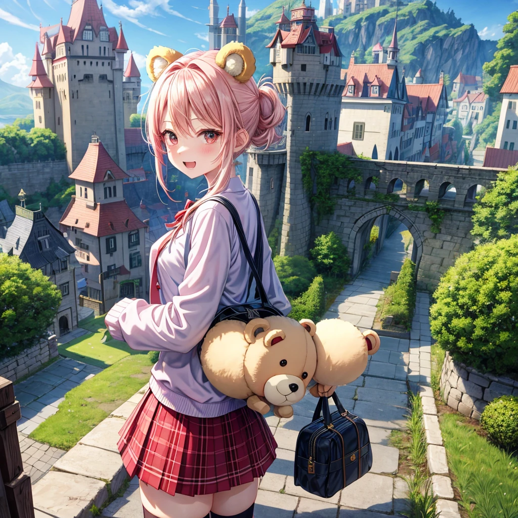 Pink Blonde、Red eyes、Hair tied up、Two cute、Checked mini skirt、black t-shirts、cardigan、Knee-high socks、bear ears baseball cap、Teeth are visible、Monster Castle、Tilting face、crossing the bridge、hazakura、windmill、grass、Stones are growing out of the ground.、impregnable、A teddy bear is walking、Morning glory is blooming.、In front of the city gates、gear