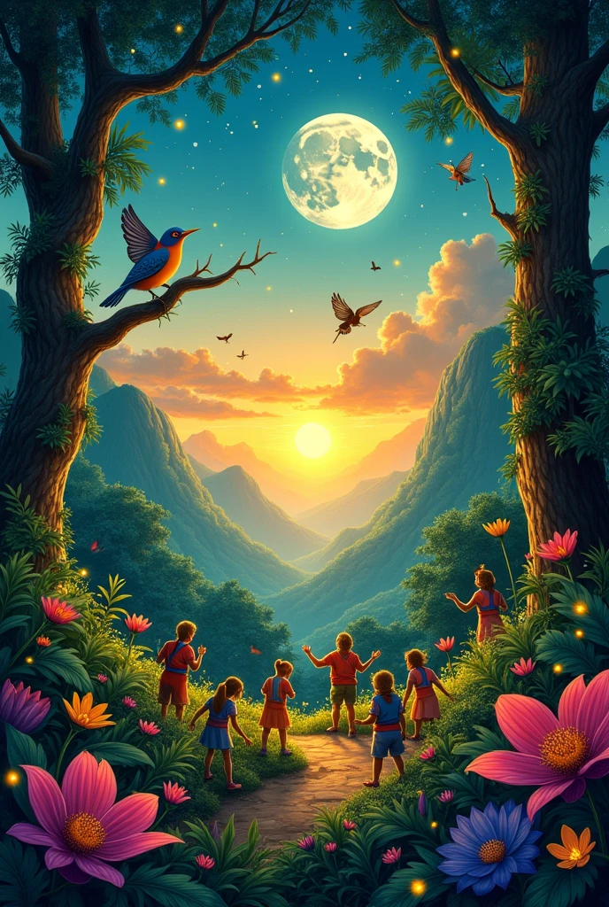 The sun was setting, the moon came out,
And in the jungle, the party is not over.
So, in the rainforest, green and bright,
They lived happily, every exciting day.
