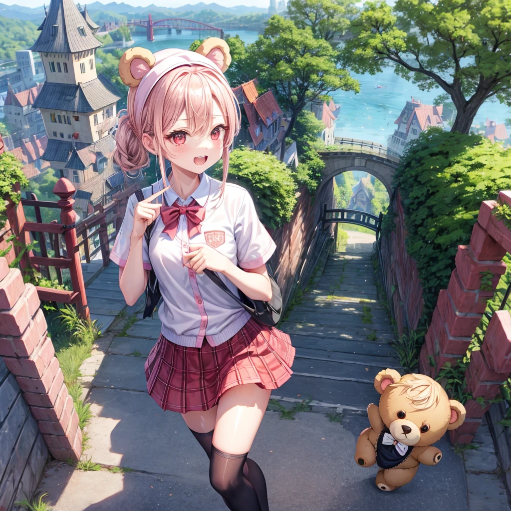 Pink Blonde、Red eyes、Hair 、Two cute、Checked mini skirt、black t-shirts、cardigan、Knee-high socks、bear ears baseball cap、Teeth are visible、Monster Castle、Tilting face、crossing the bridge、hazakura、windmill、grass、Stones are growing out of the ground.、impregnable、A teddy bear is walking、Morning glory is blooming.、In front of the city gates、gear