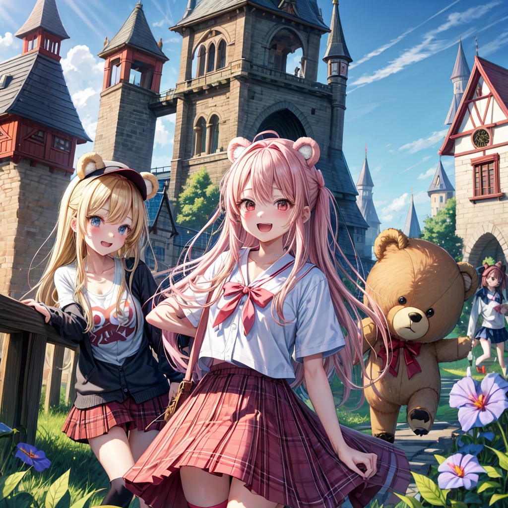 Pink Blonde、Red eyes、Hair tied up、Two cute、Checked mini skirt、black t-shirts、cardigan、Knee-high socks、bear ears baseball cap、Teeth are visible、Monster Castle、Tilting face、crossing the bridge、hazakura、windmill、grass、Stones are growing out of the ground.、impregnable、A teddy bear is walking、Morning glory is blooming.、In front of the city gates、gear