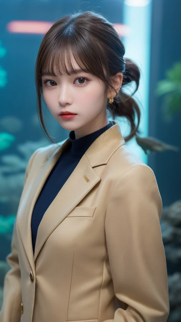 (masterpiece:1.5)、hyperrealistic:1.5、(highest quality, 8k、RAW photo）、 ultra high resolution、professional lighting、perfect dynamic composition、Photographed in front of a giant aquarium behind、 film grain、chromatic aberration、(bokeh:1.1)、 Frank、Sophisticated、charm、Realistic、high detail、golden ratio、 (1 girl)、Slender girl、Delicate and charming、cute woman:1.4、 serious expression、looking at the viewer、sculpture installation、light brown hair、shining hair、Hair style is ponytail、 skin that looks real、 close your mouth、fine eyes、double eyelid、thin arms、(Wearing a navy blazer with gold buttons and epaulets)