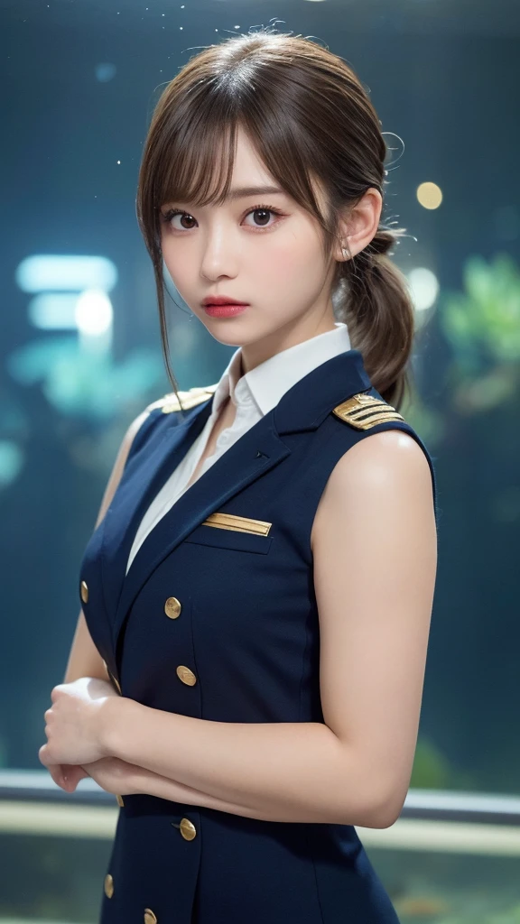 (masterpiece:1.5)、hyperrealistic:1.5、(highest quality, 8k、RAW photo)、 ultra high resolution、professional lighting、perfect dynamic composition、Photographed in front of a giant aquarium behind、 film grain、chromatic aberration、(bokeh:1.1)、 Frank、Sophisticated、charm、Realistic、high detail、golden ratio、 (1 girl)、Slender girl、Delicate and charming、cute woman:1.4、 serious expression、looking at the viewer、sculpture installation、light brown hair、shining hair、Hair style is ponytail、 skin that looks real、 close your mouth、fine eyes、double eyelid、thin arms、(Wearing a navy blazer with gold buttons and epaulets)