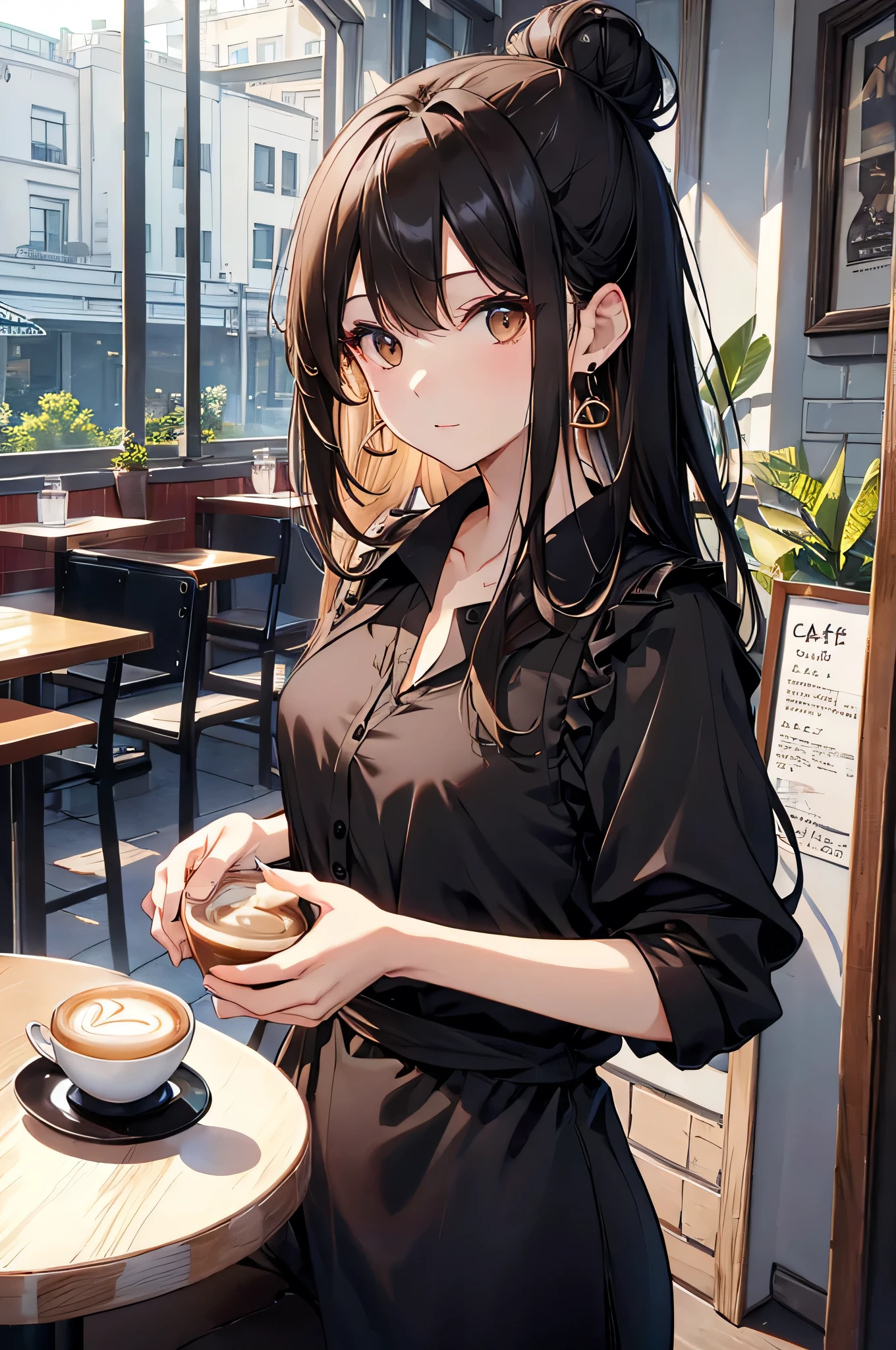Highest quality, High resolution,thin、Brown eyes、expensive、Black Hair、(amount:1.3)、(semi-long:1.3),Hair Bun、(Cafe:1.4)、Sleeveless、(Black blouse:1.3)、cardigan、Earrings