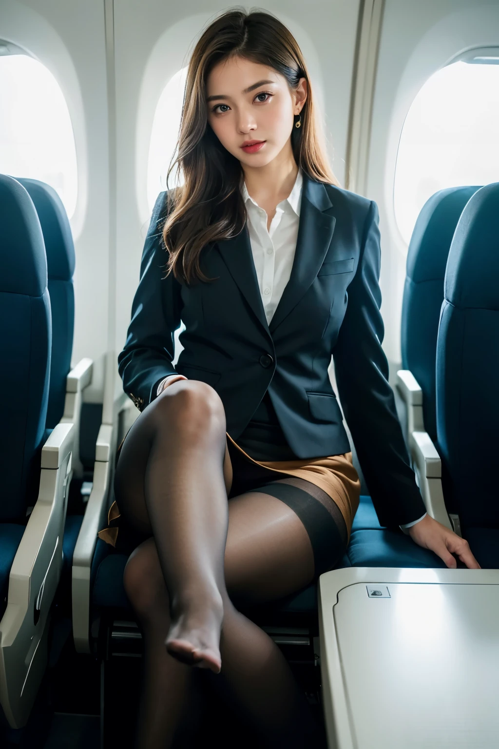 (suit, Tight Skirt, Ultra-realistic pantyhose:1.3), Sexy Woman、flare skirt、Ukrainian、Ukrainian Goddess、Incredible beauty、Wearing surreal pantyhose、sit cross-legged on an airplane..........、Laughter、High heels、game＿Tekkâ、 (English) (English) (English) (English) (English) (English) (English) (English) (English) (English) (English), masterpiece, 最high quality, The reality of light, RAW Photos、8k, High resolution, Detailed skin, 8k, Ultra HD, Digital single-lens reflex camera, Soft lighting, high quality, Film Grain, Fujifilm XT3, Realistic skin texture、Glowing Skin、Exposing your thighs!!!