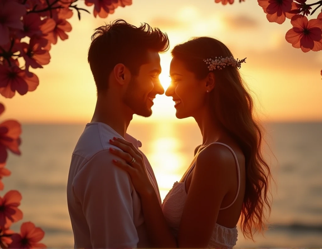 A tender and intimate scene of a young couple in love, standing close together. They are looking into each other’s eyes with warm smiles, their hands gently intertwined. The couple is dressed in casual yet stylish clothing, with the setting being a quiet, picturesque outdoor location—like a sunset-lit beach or a park with blooming flowers. The atmosphere is filled with warmth and affection, capturing the deep connection and love they share