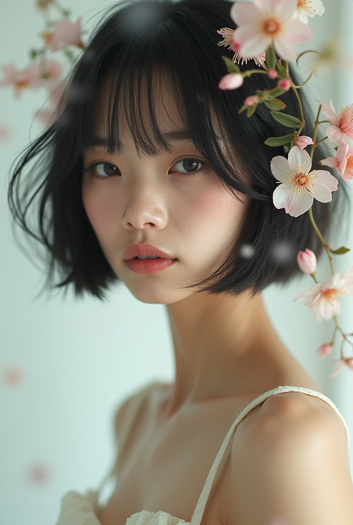 editorial photography,super detailed background,Super realistic,double exposure,depth of field,asian beauty super skinny vides,soft focus tone,narrative scene,narrow eyes,super short bob-cut hairstyle,Portrait photo of females with a single flowers,bare shoulders,negative fill,