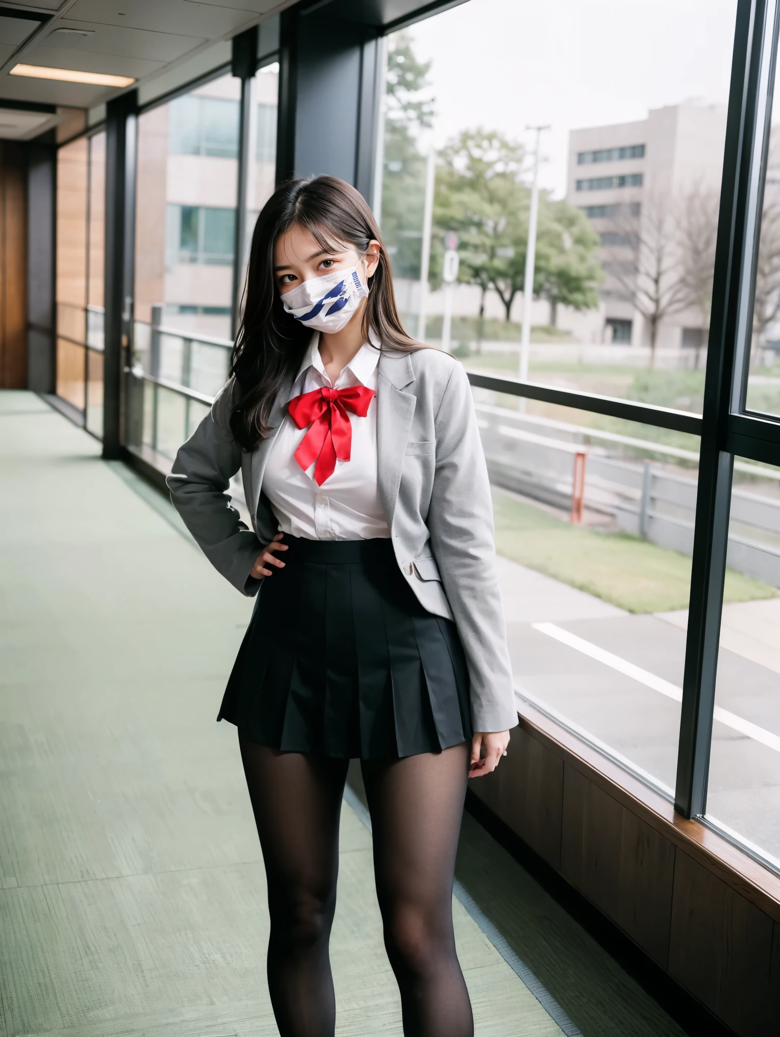 (masterpiece, highest quality:1.4), award-winning portraits, 8K, 85mm, alone, beautiful face, delicate girl, , (dark navy blazer jacket), dark navy skirt, long sleeve, violaces, gardenia, grace, Sophisticated, cute, teen, looking at the viewer, , Raw photo, disorganized, HDR, sharp focus, A bow tie, background bokeh、(((flat 、thin and delicate body、A childish atmosphere)))、Her shiny semi-long hair is tied up、hair swaying in the wind、Mole on the left cheek、large, round, dark blue eyes、full body、random pose、Run、sprinting、Skirt fluttering in the wind、Junior idol、Nogizaka Idol、widening skirt、jump、mole under eye、sexy、white panties