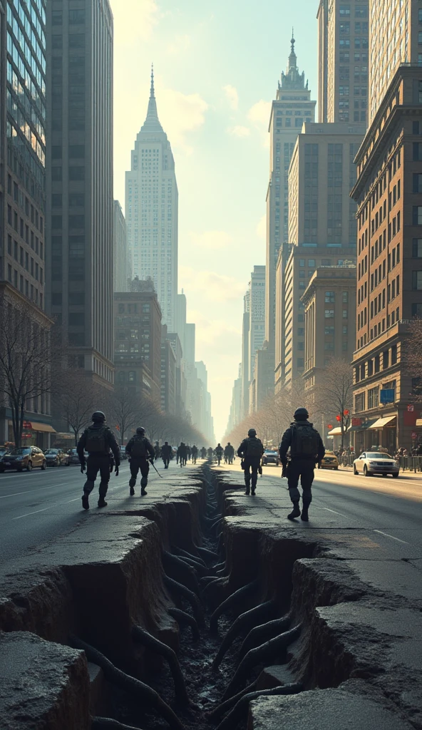 Image In the city in the morning in the middle of the road tall buildings . Close-up view of the shaking scene There is a deep crack under the road .underground space rift There are military forces to stop the giant spider swarm 