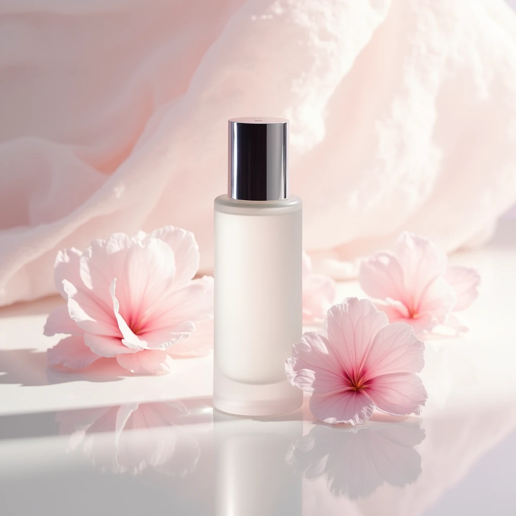 In this bottom view shot , the whitening essence bottle sits on a gleaming white surface , surrounded by wisps of pink chiffon . A flower next to the product. The bottle is slender and sophisticated , with a clear glass body and a gleaming silver cap . The chiffon adds a delicate , feminine touch to the image , while the clean lines and minimalist styling emphasize the elegance of the product  . Shot by Ellen von Unwerth , using a Sony Alpha a7R IV and a Sony FE 50mm f /1.8 lens iw 2 --s 50
